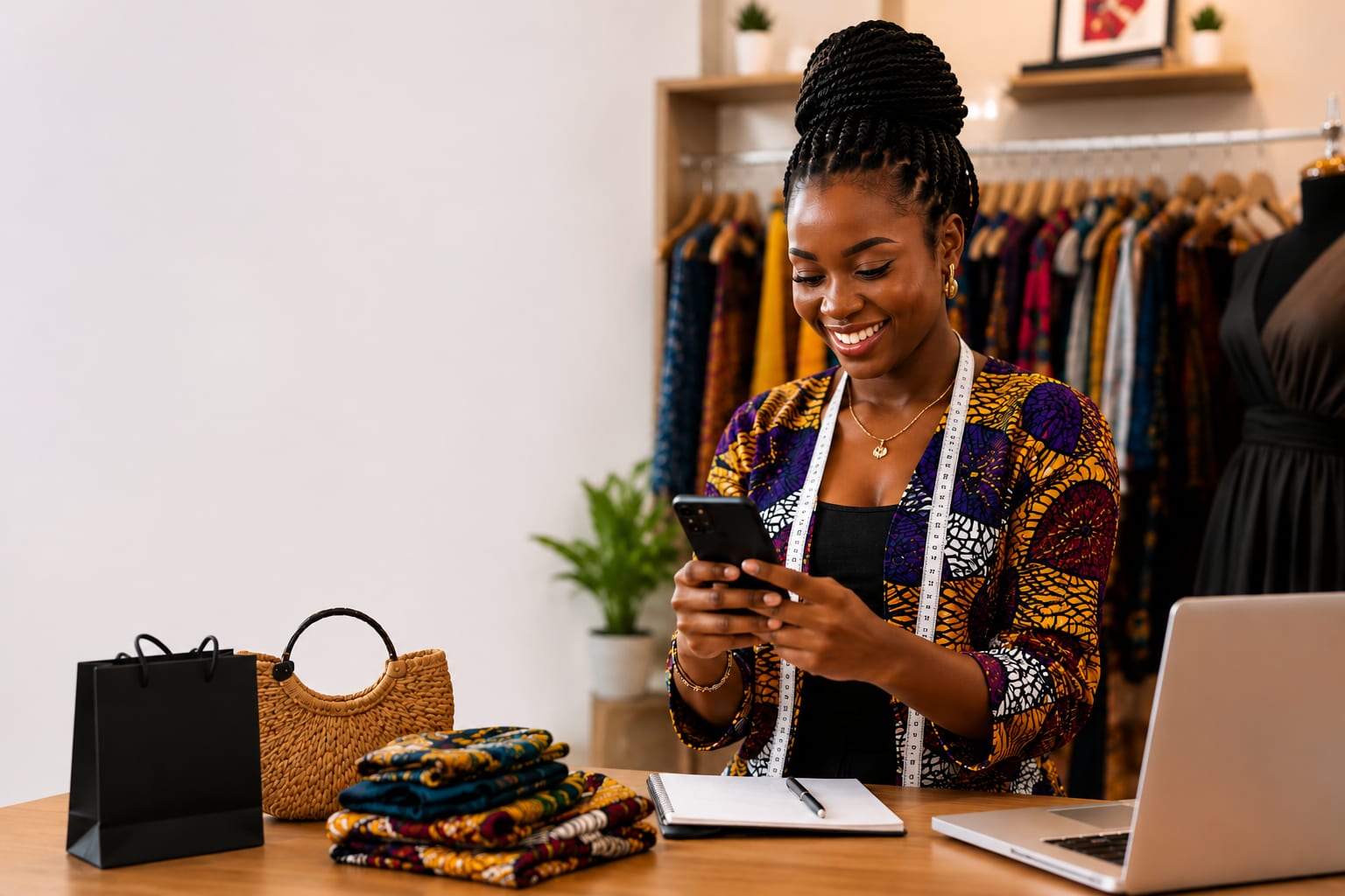 A shop owner checking her orders on her phone, surrounded by her products